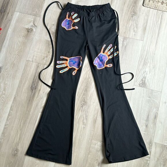 90s Low Rise Handprint Print Crisscross Tie Back Flare Leg Pants Size Medium - Picture 2 of 11
